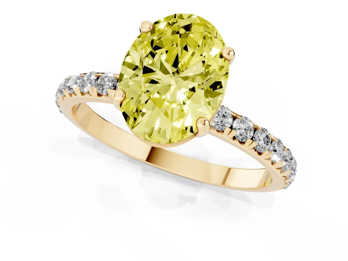 Fancy Yellow Oval Cut Cut Diamond Solitaire Ring with Micro Pave Band and Four Prong Setting Yellow gold