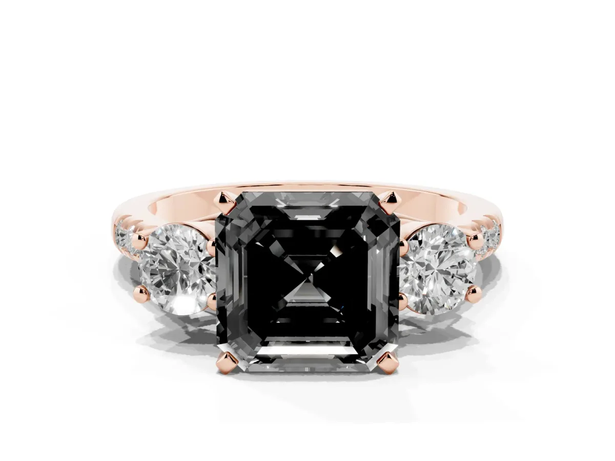 Fancy Black Three-Stone Asscher Cut Diamond Pavé Band with Four-Prong Setting Rose gold