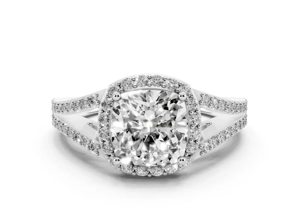 Cushion Cut Halo Split Shank Diamond Ring with Prong Setting Silver