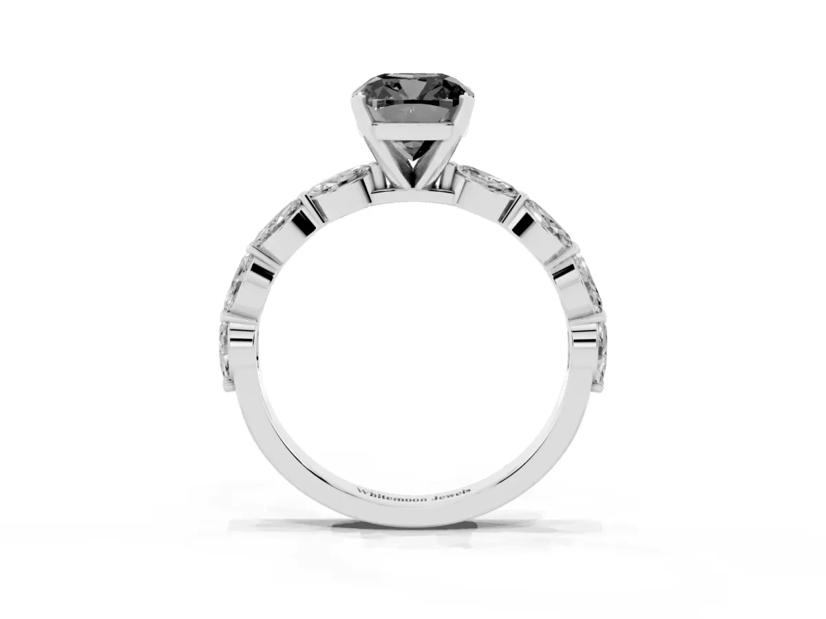 Fancy Black Cushion Cut Diamond Ring with Marquise Side Stones and Prong Setting Platinum