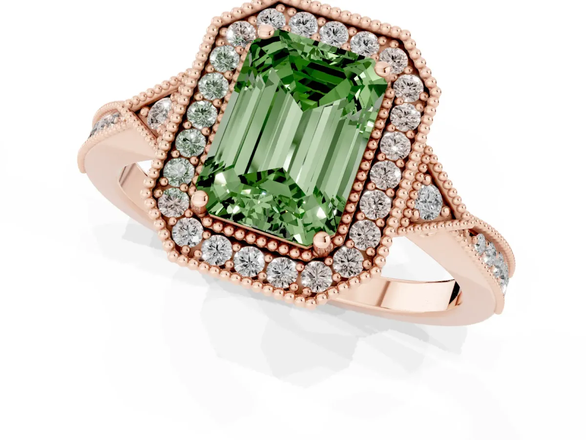 Fancy Green Emerald Cut Halo Round Diamond Milgrain Pave Engagement Ring Rose gold