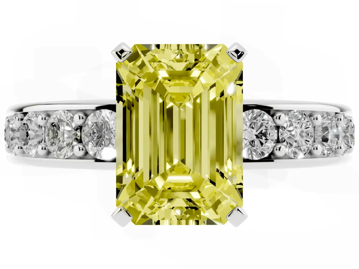 Fancy Yellow Emerald Cut Diamond Engagement Ring with Channel Set Round Band and Prong Setting Platinum