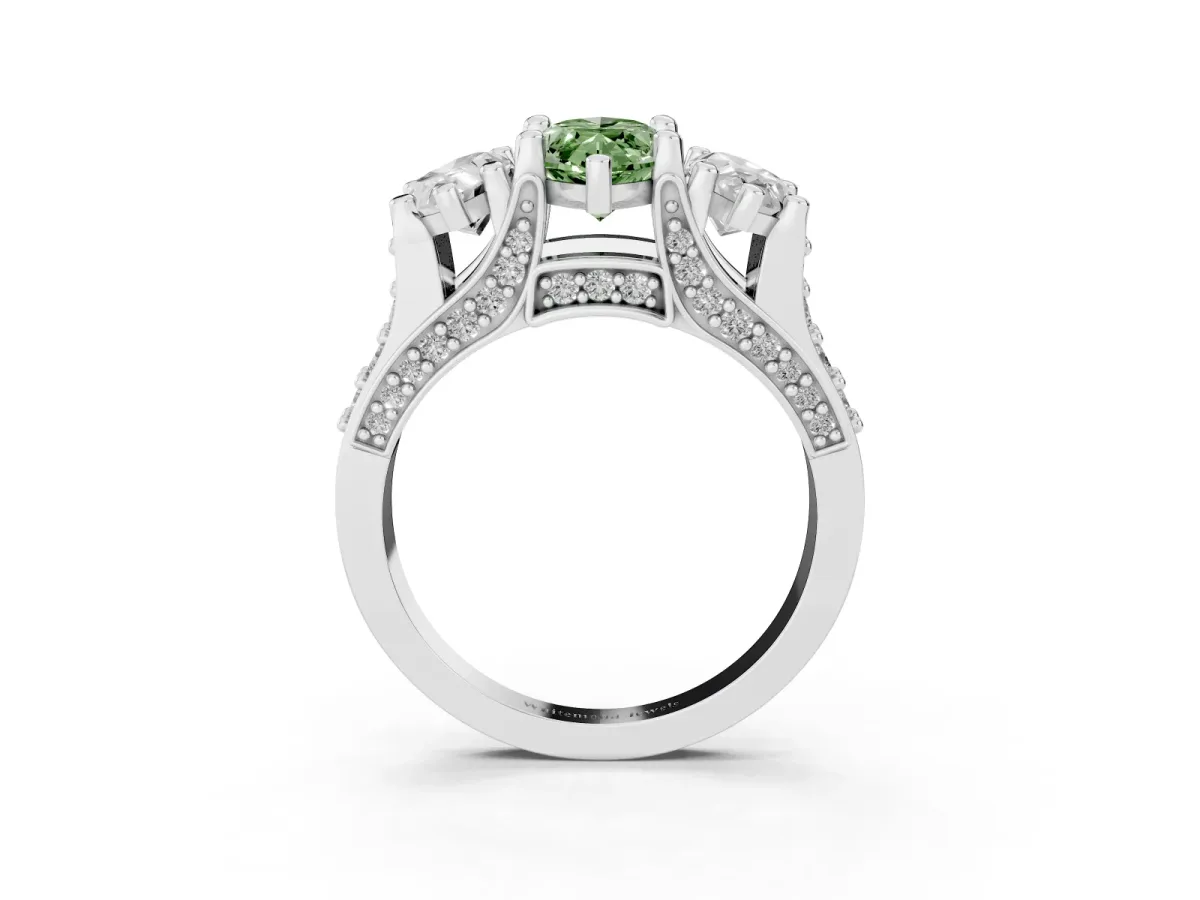 Fancy Green Marquise Cut Diamond Three-Stone Ring with Channel Set Band and Four-Prong Setting Silver