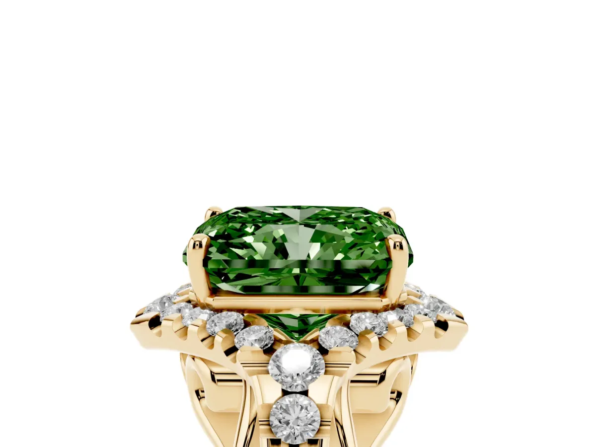 Fancy Green Radiant Cut Diamond Solitaire Ring with Hidden Halo and Pavé Band Yellow gold