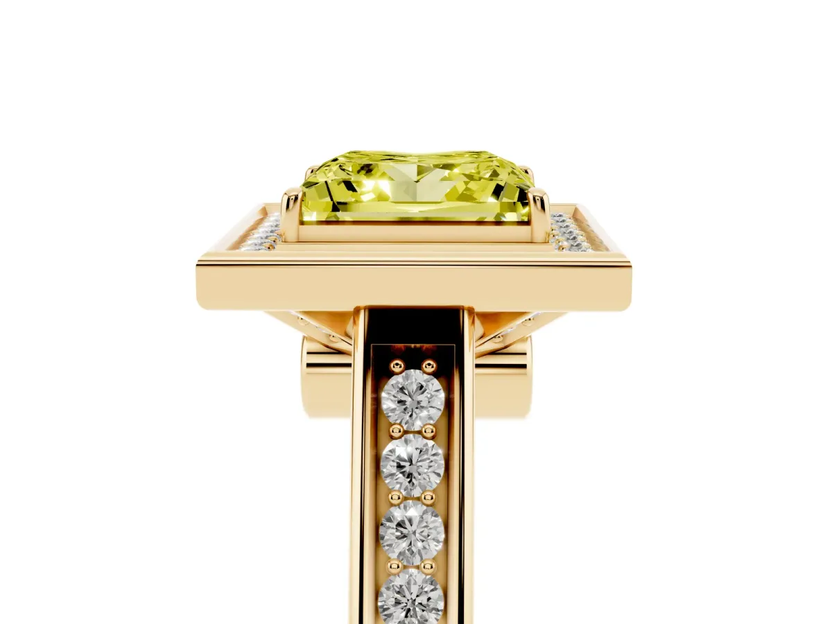Fancy Yellow Princess Cut Halo Solitaire Diamond Ring with Pave Band and Bezel Setting Yellow gold
