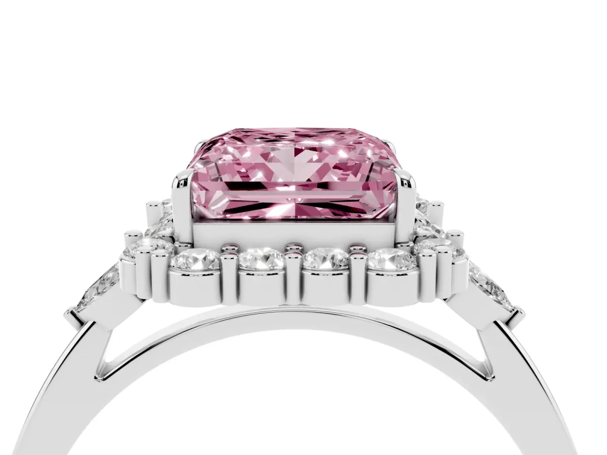 Fancy Pink Princess Cut Diamond Halo Ring with Pear Side Stones and Prong Setting Silver
