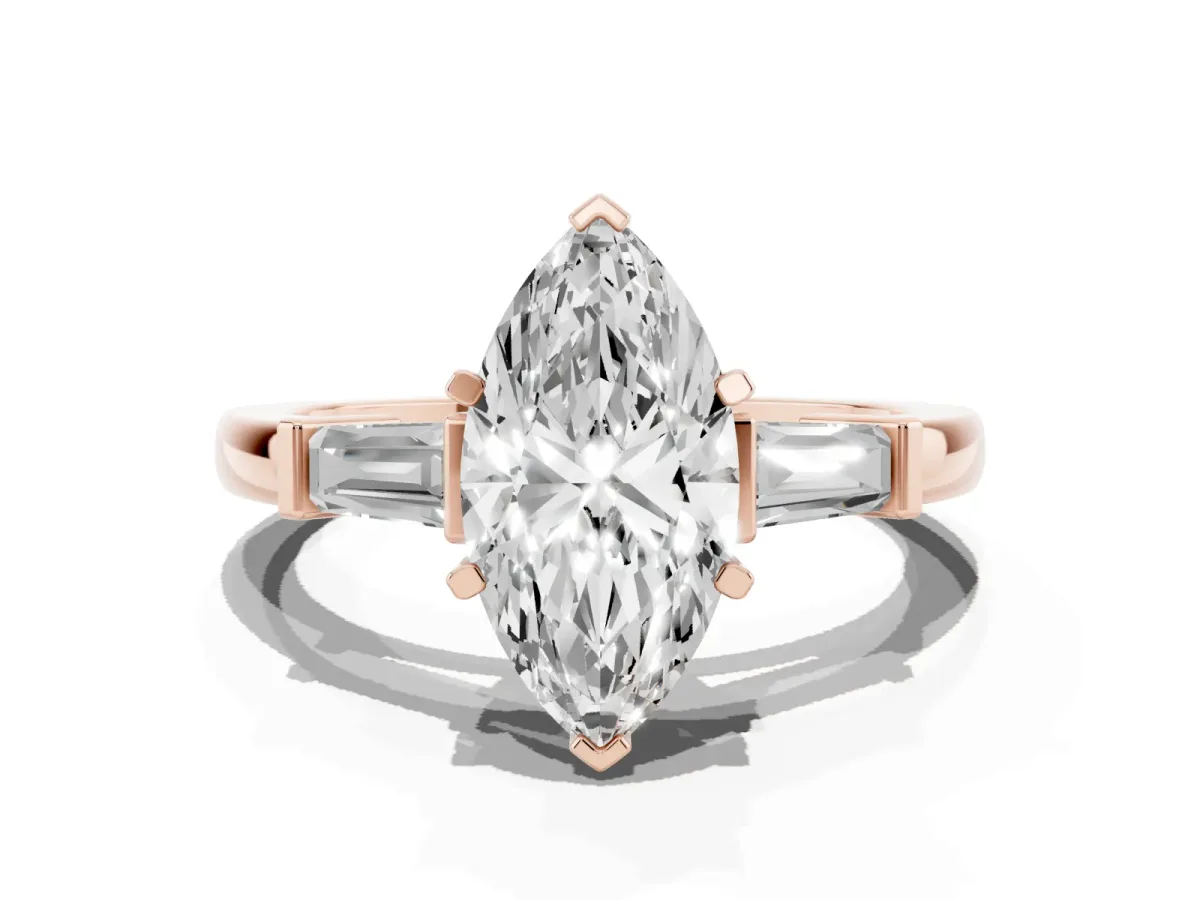 Marquise Cut Cut Diamond Solitaire Ring with Tapered Baguette Accents and Four-Prong Setting Rose gold