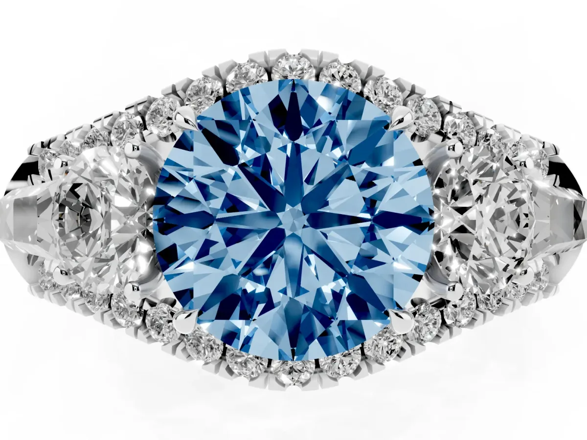 Fancy Blue Three-Stone Round Cut Diamond Engagement Ring with Pave Band and Prong Setting Silver