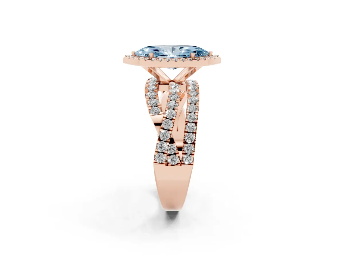 Fancy Blue Marquise Cut Diamond Halo Ring with Round Split Shank and Prong Setting Rose gold