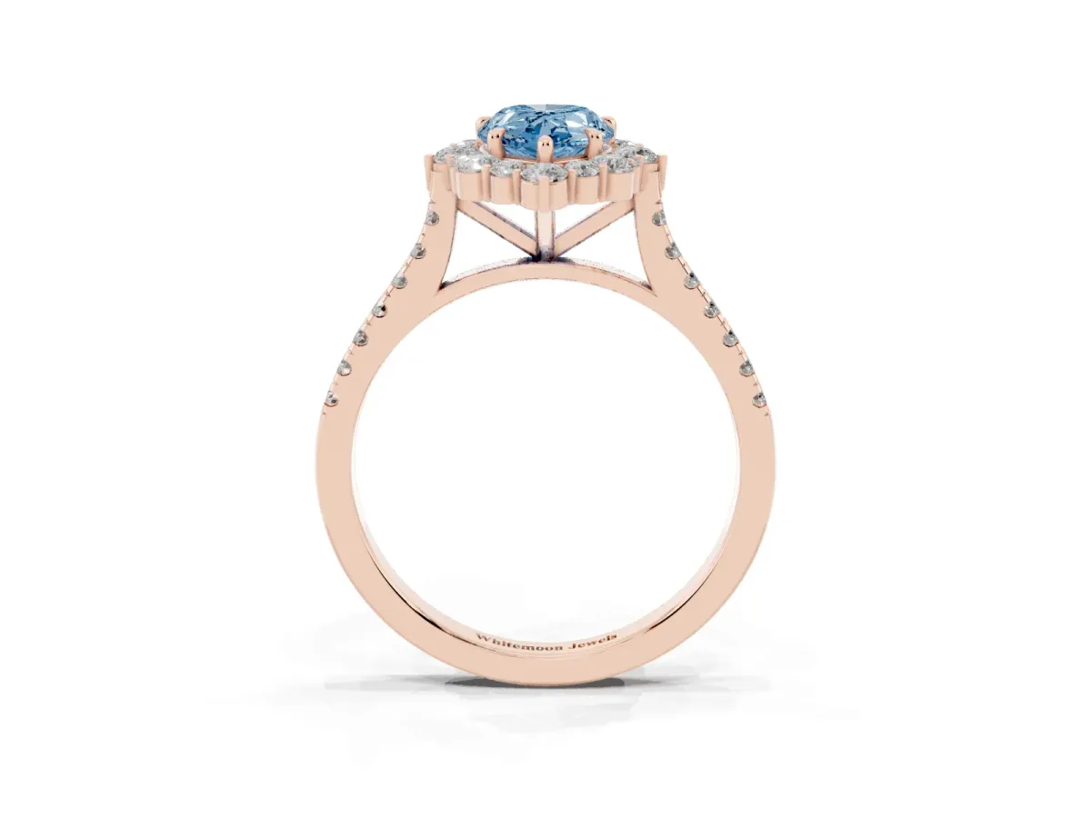 Fancy Blue Pear Cut Halo Diamond Ring with Pavé Band and Prong Setting Rose gold