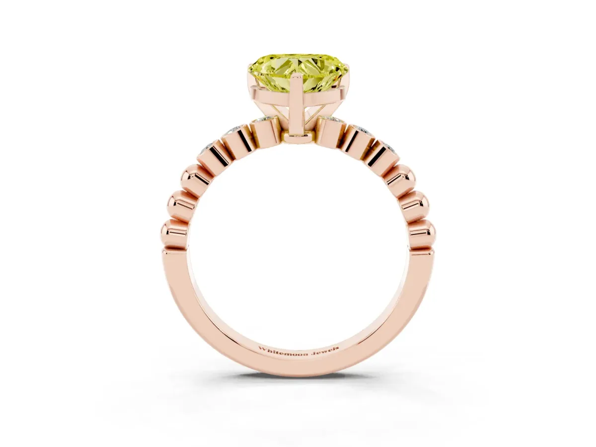 Fancy Yellow Heart Cut Solitaire Bezel Accent Diamond Engagement Ring with Beaded Band and Four-Prong Setting Rose gold