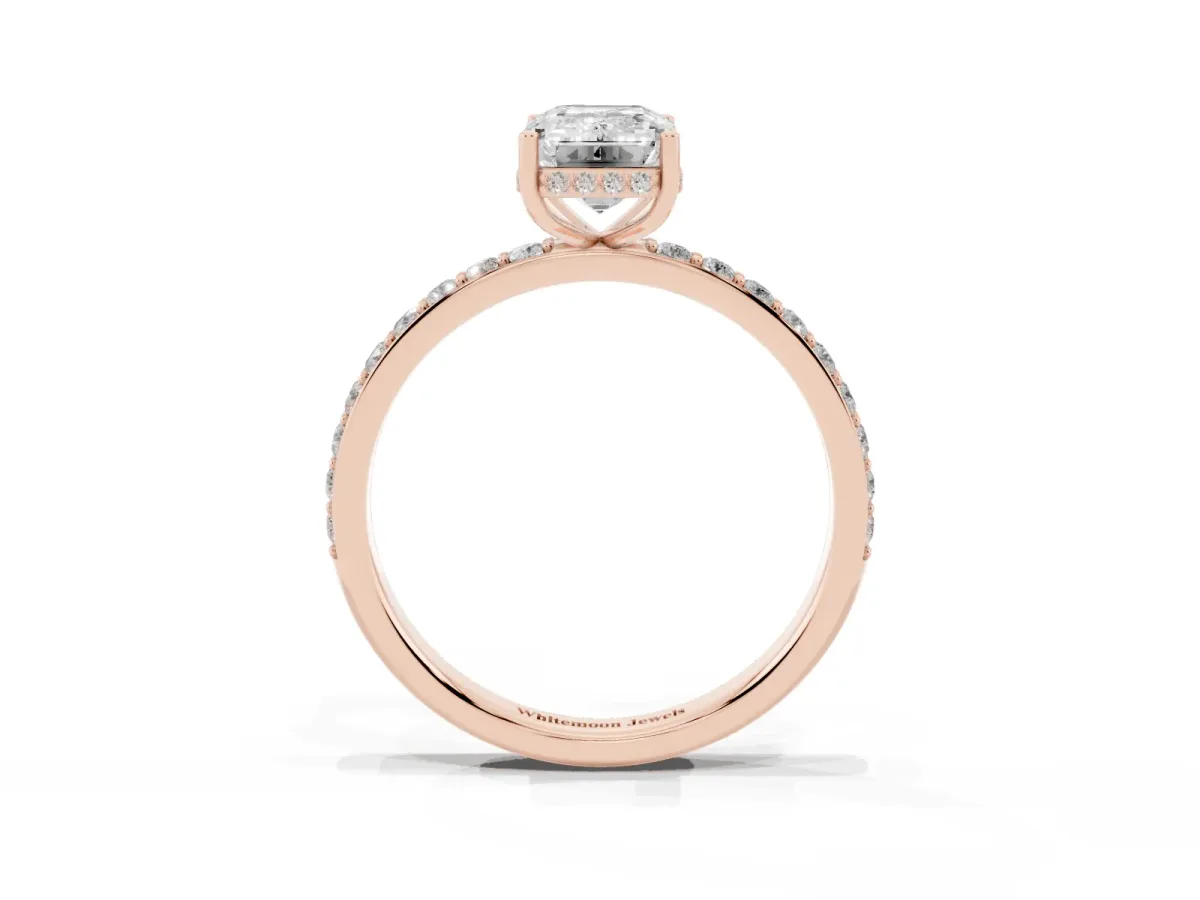 Emerald Cut Diamond Solitaire Ring with Pavé Band and Hidden Halo Rose gold