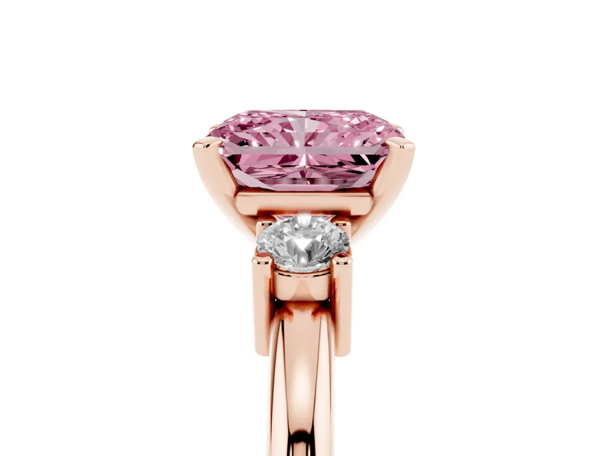 Fancy Pink Three-Stone Radiant Cut Cut Diamond Solitaire with Prong Setting and Classic Band Rose gold