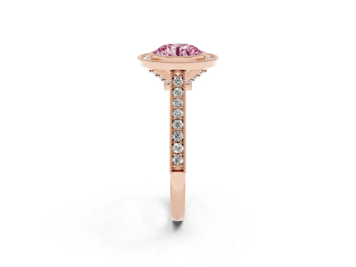 Fancy Pink Halo Round Cut-Cut Diamond Pave Band Milgrain Prong Setting Ring Rose gold