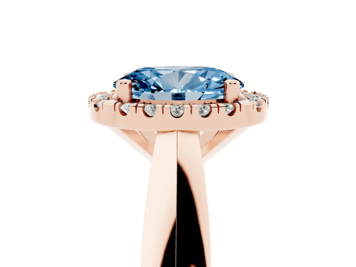 Fancy Blue Oval Cut Cut Halo Solitaire Engagement Ring with Square Band and Four-Prong Setting Rose gold