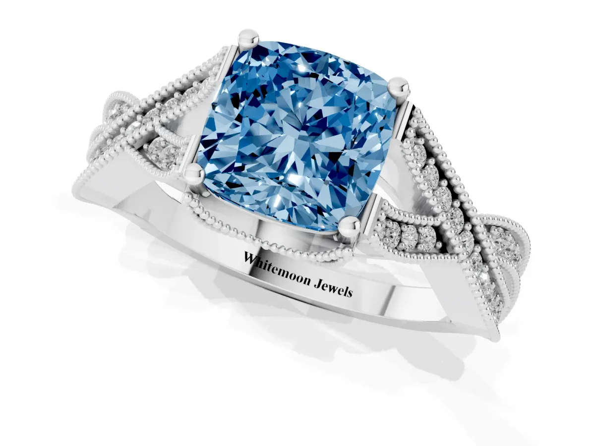 Fancy Blue Cushion Cut Cut Diamond Twisted Band with Milgrain Pave Setting and Four-Prong Setting Silver