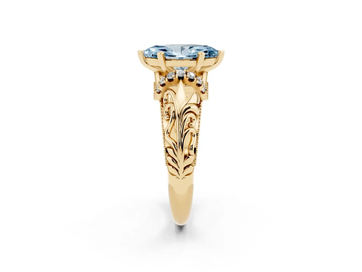 Fancy Blue Marquise Cut Solitaire Filigree Engagement Ring with Halo and Prong Setting Yellow gold