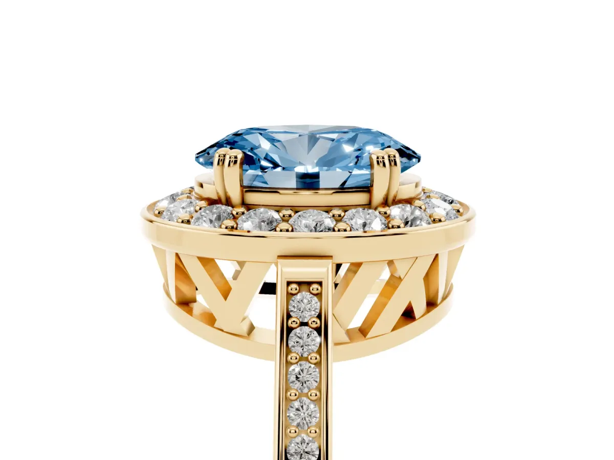 Fancy Blue Oval Cut Diamond Halo Ring with Split Shank and Four-Prong Setting Yellow gold