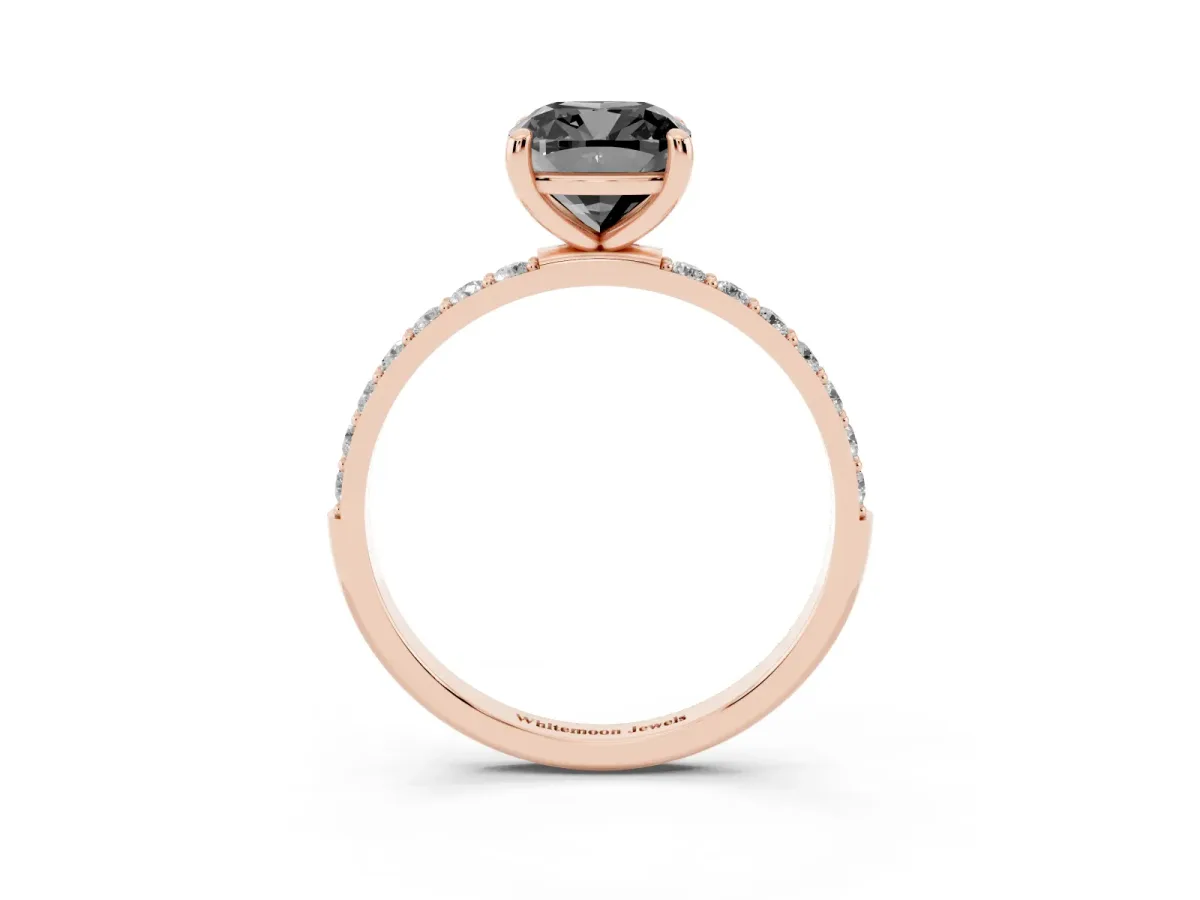 Fancy Black Cushion Cut Diamond Solitaire Ring with Round Pavé Band and Prong Setting Rose gold
