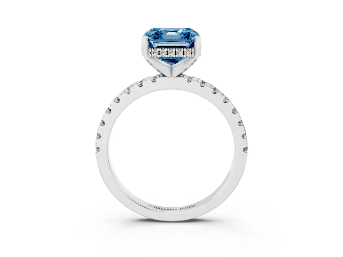 Fancy Blue Asscher Cut Diamond Solitaire Ring with Round Pavé Band and Four-Prong Setting Silver