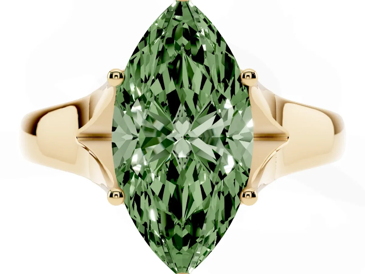 Fancy Green Marquise Cut Solitaire Diamond Ring with Cathedral Band and Four-Prong Setting Yellow gold