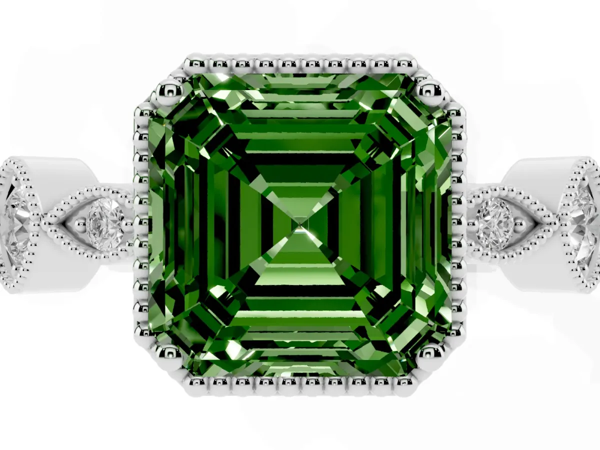 Fancy Green Asscher Cut Diamond Vintage Milgrain Ring with Round Stations Silver