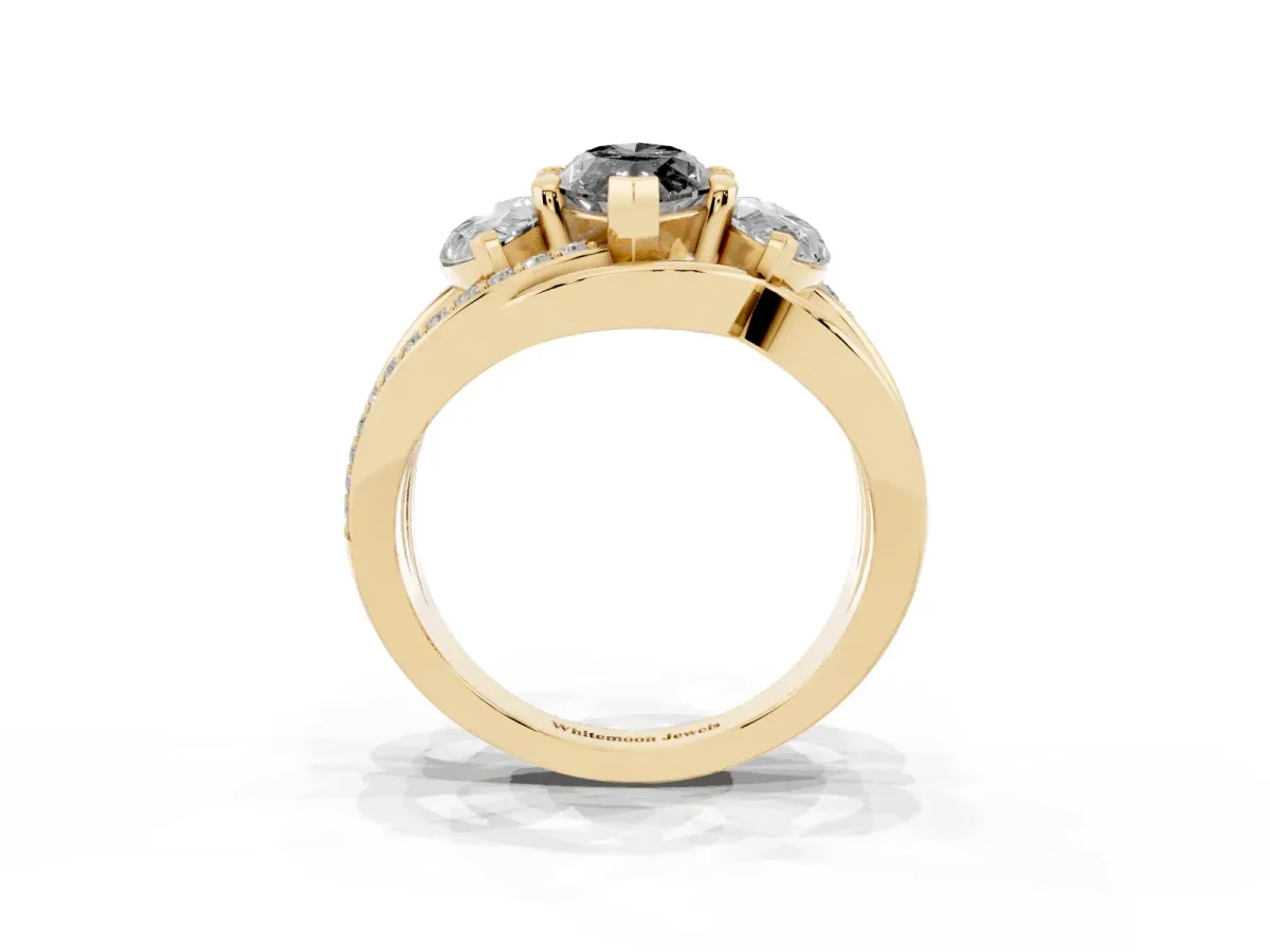 Fancy Black Three-Stone Marquise Cut Cut Diamond Split Shank Prong Set Ring Yellow gold