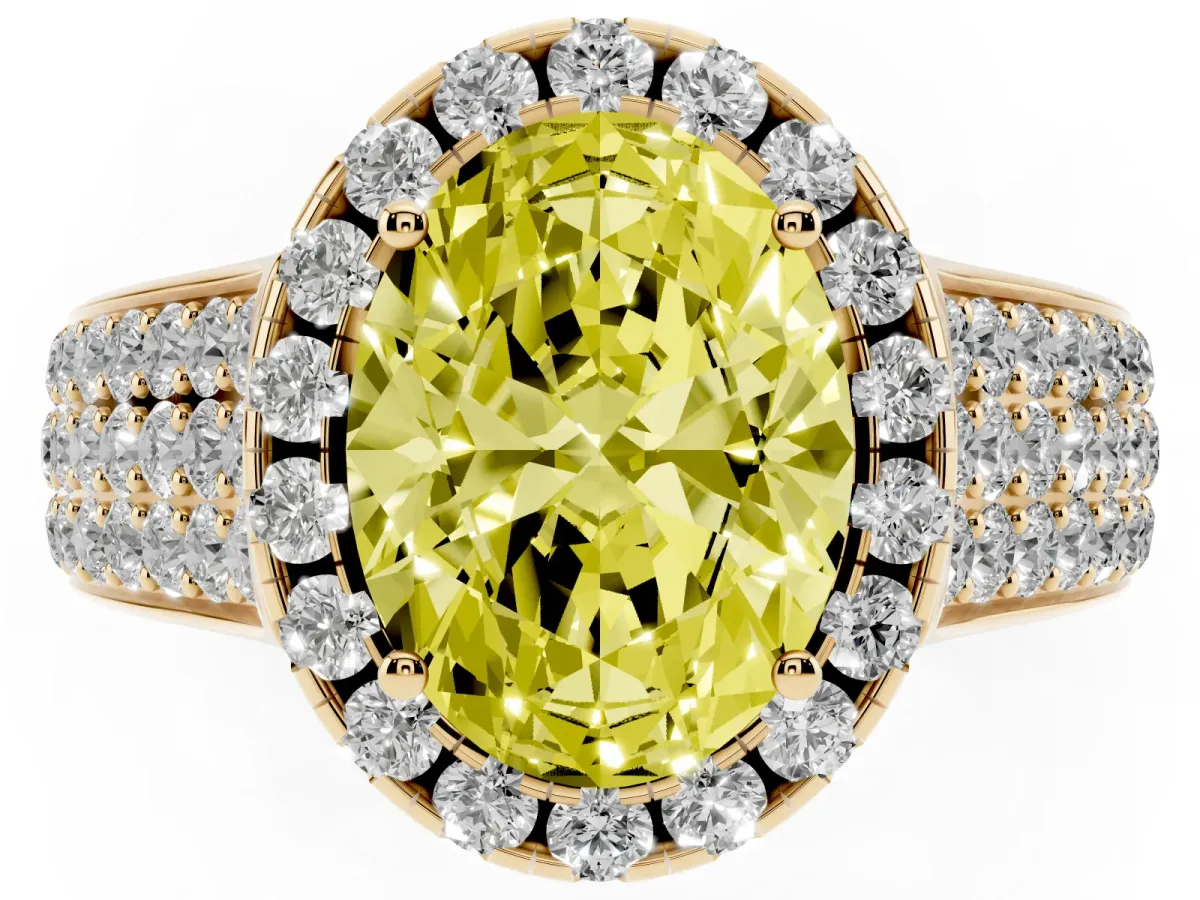 Fancy Yellow Oval Cut Halo Round Diamond Pave Band with Prong Setting Yellow gold