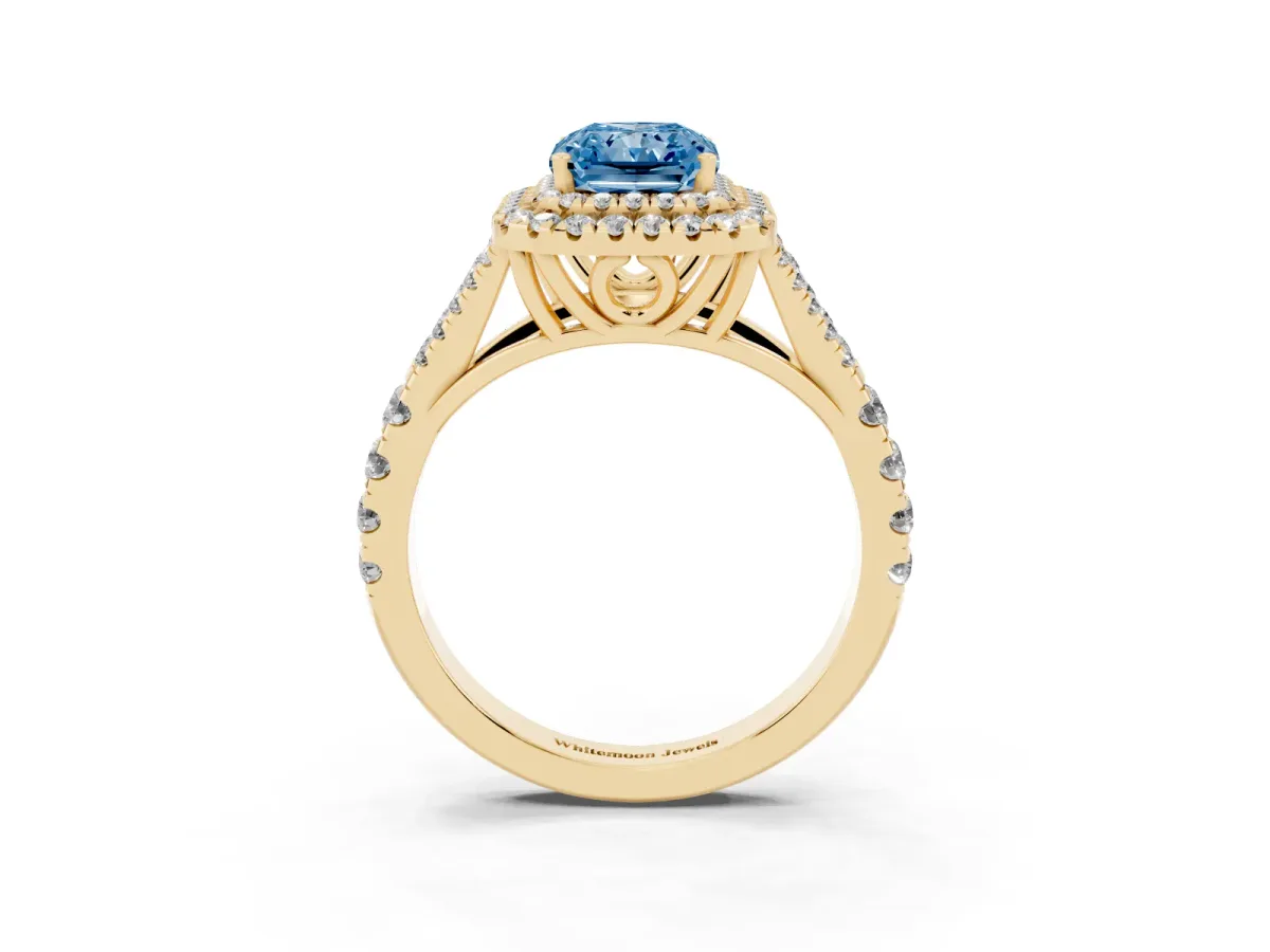 Fancy Blue Double Halo Radiant Cut Diamond Split Shank Engagement Ring with Four-Prong Setting Yellow gold