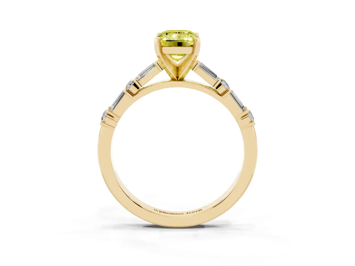 Fancy Yellow Emerald Cut Diamond Solitaire with Side Baguettes and Channel Set Band Yellow gold