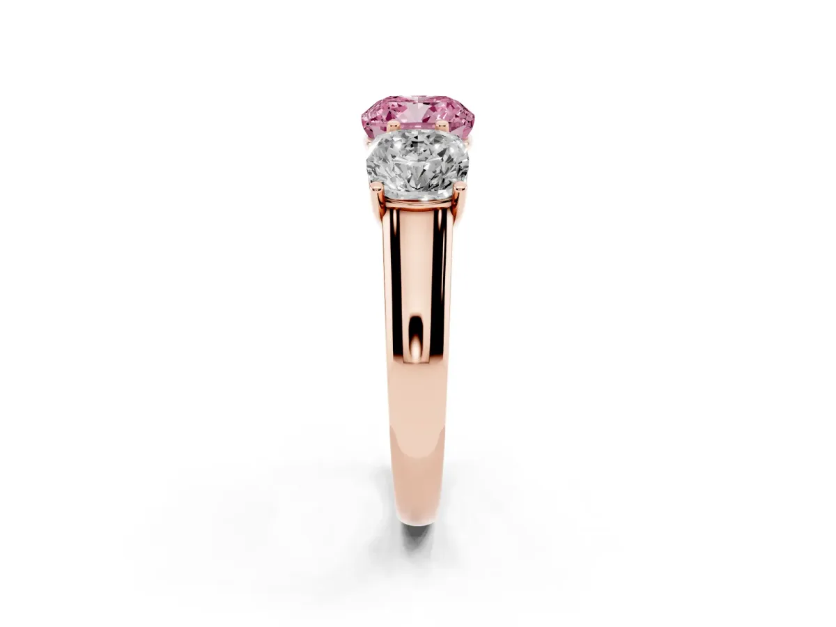 Fancy Pink Cushion Cut Three-Stone Diamond Ring with Prong Setting on a Classic Band Rose gold