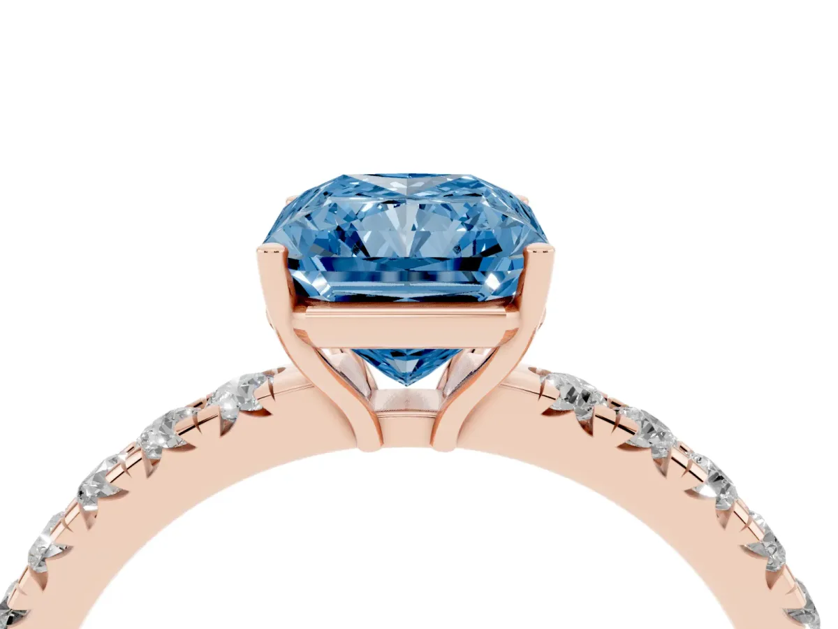 Fancy Blue Radiant Cut Diamond Pavé Solitaire Engagement Ring with Four-Prong Setting Rose gold