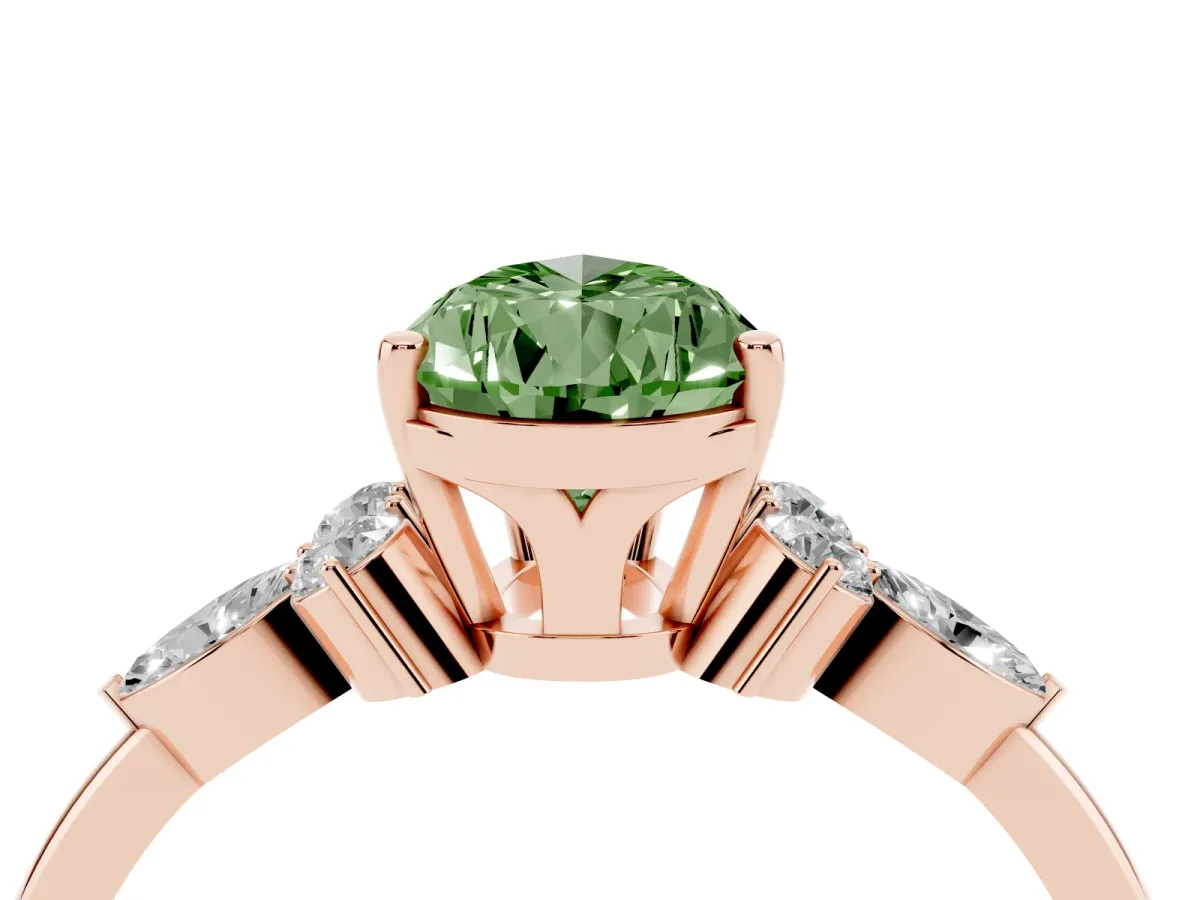 Fancy Green Pear Cut Brilliant Diamond Solitaire Ring with Pear Side Stones and Four-Prong Setting Rose gold