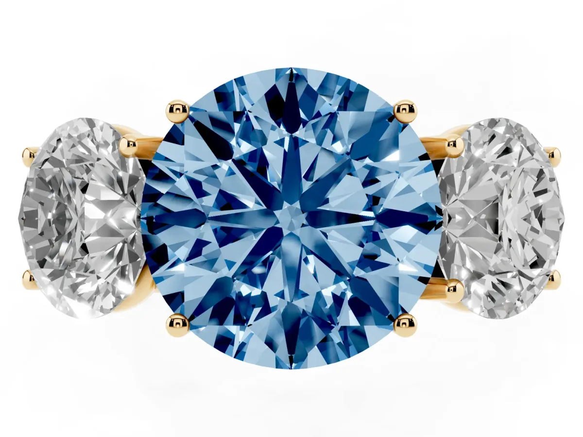 Fancy Blue Three-Stone Round Cut Diamond Braided Band Ring with Four-Prong Setting Yellow gold