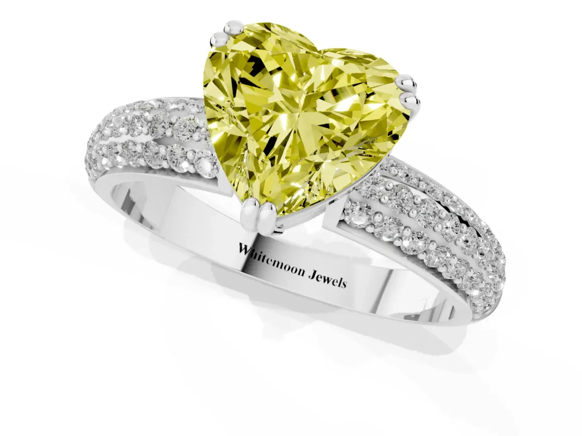 Fancy Yellow Heart Cut Diamond Solitaire Ring with Multi-Row Round Pavé Band and Prong Setting White gold