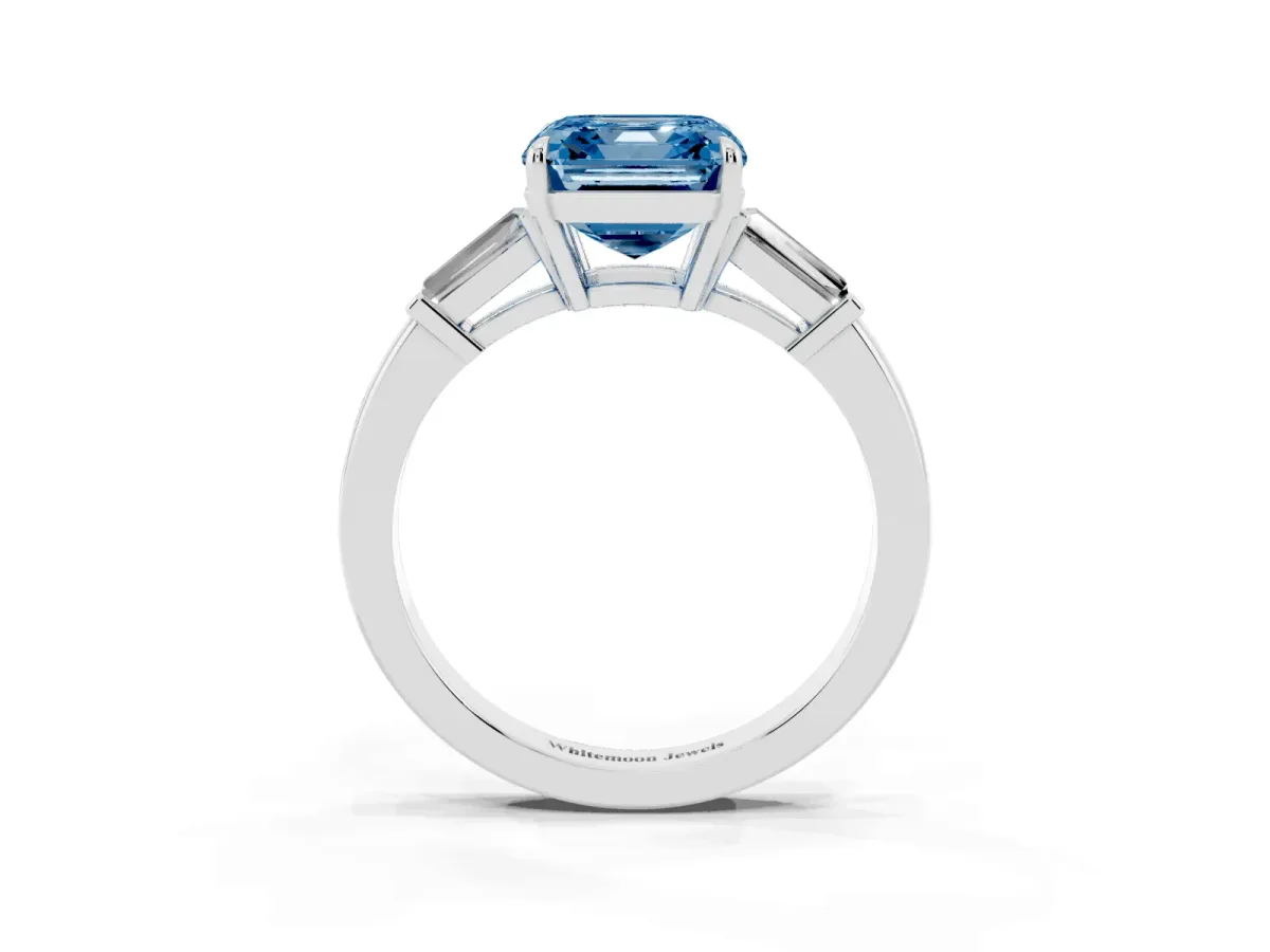 Fancy Blue Asscher Cut Diamond Three-Stone Ring with Tapered Baguette Side Stones and Prong Setting Silver