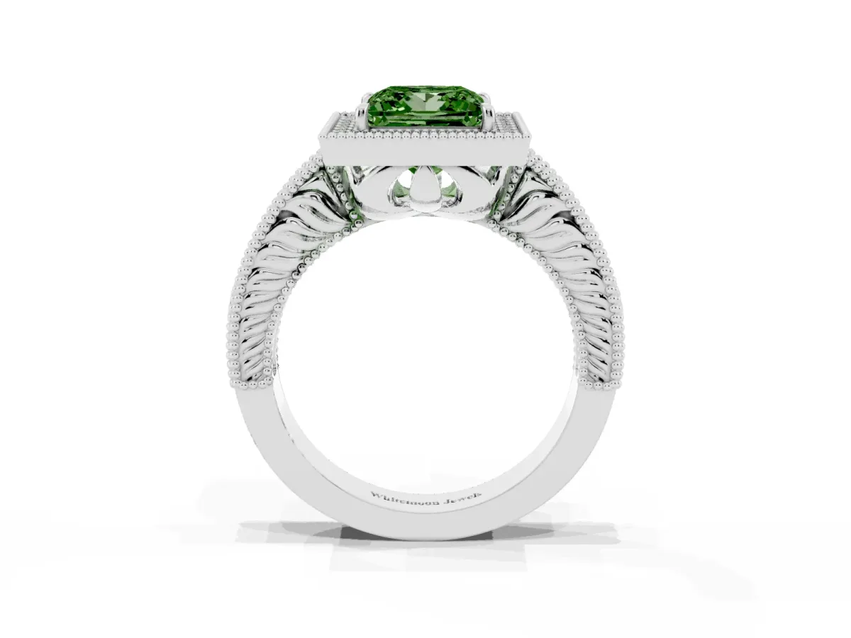 Fancy Green Princess Cut Cut Halo Diamond Ring with Pavé Band and Four-Prong Setting Silver