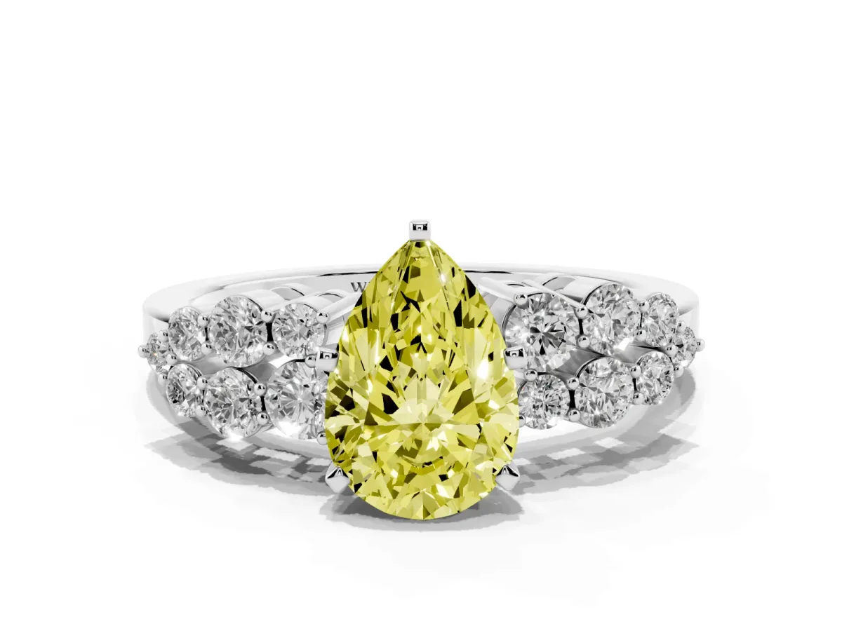 Fancy Yellow Pear Cut Cluster Diamond Engagement Ring with Pavé Band and Four-Prong Setting Platinum