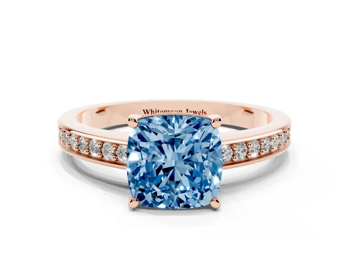 Fancy Blue Cushion Cut Solitaire Pavé Band Prong Setting Ring Rose gold