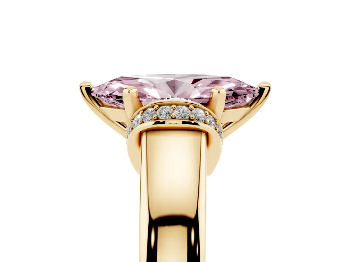Fancy Pink Marquise Cut Solitaire Diamond Ring with Pave Band and Six-Prong Setting Yellow gold