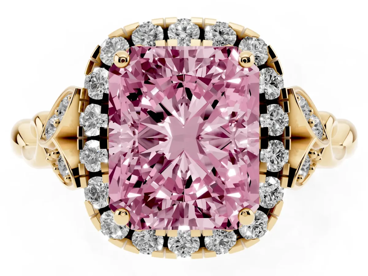 Fancy Pink Radiant Cut Halo Diamond Engagement Ring with Vintage-Inspired Band and Four-Prong Setting Yellow gold