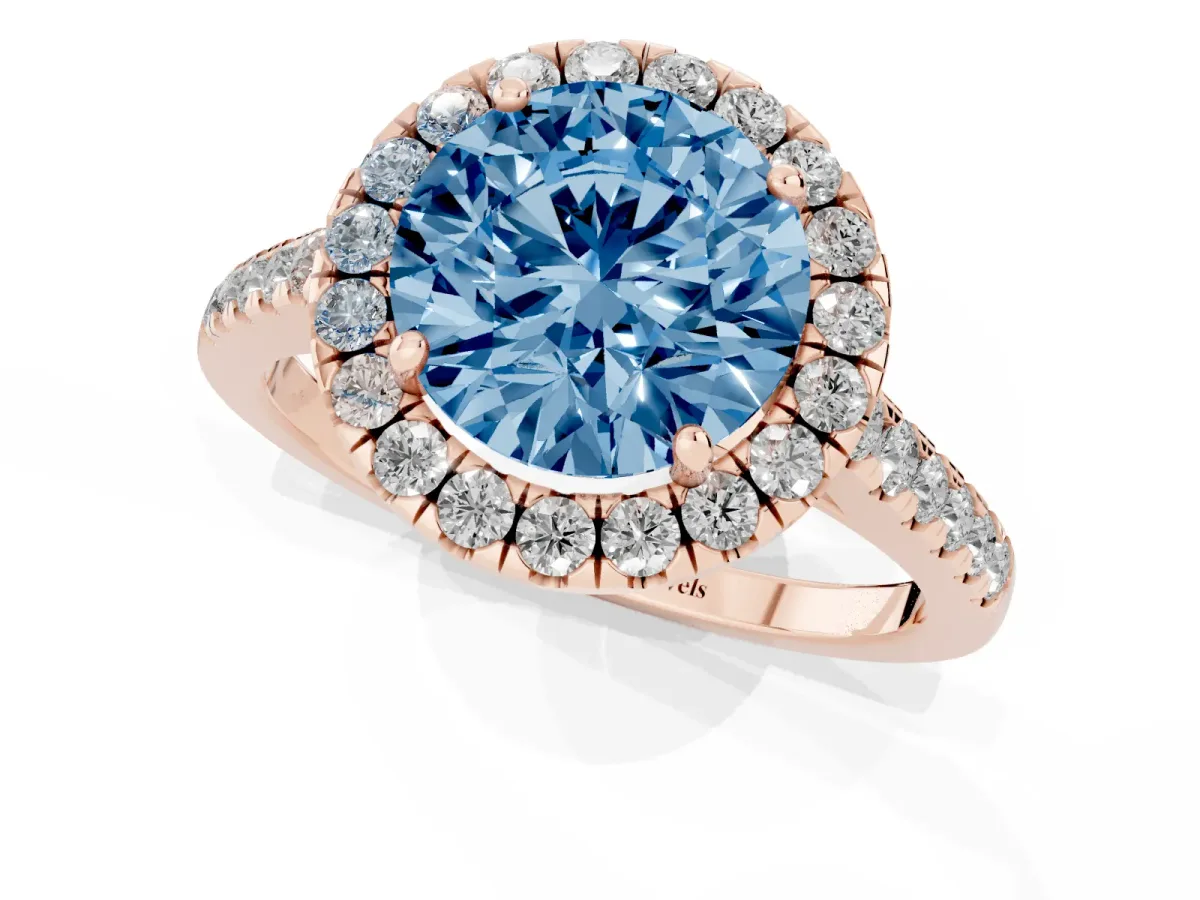 Fancy Blue Round Cut Halo Pave Diamond Engagement Ring with Four-Prong Setting Rose gold