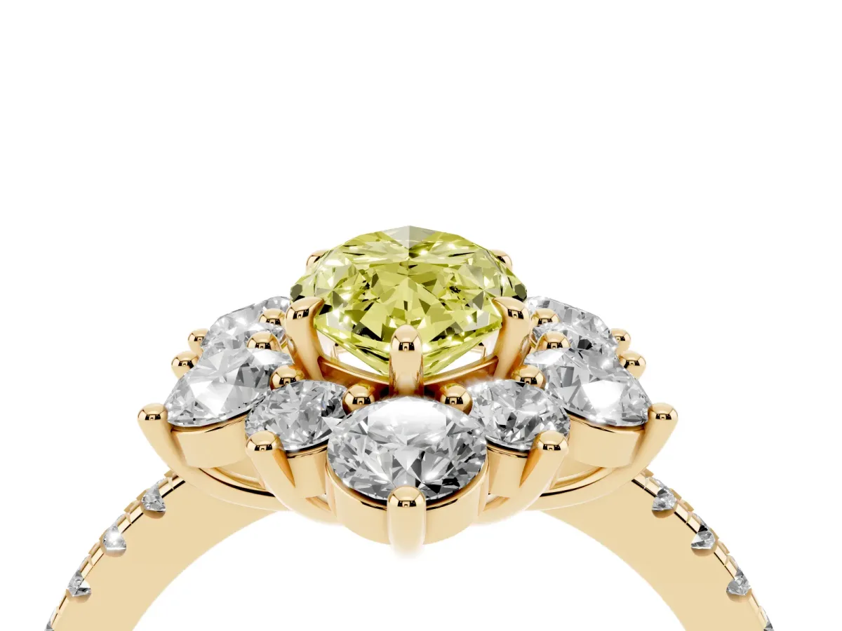 Fancy Yellow Marquise Cut Diamond Floral Halo Ring with Round Pavé Band and Prong Setting Yellow gold