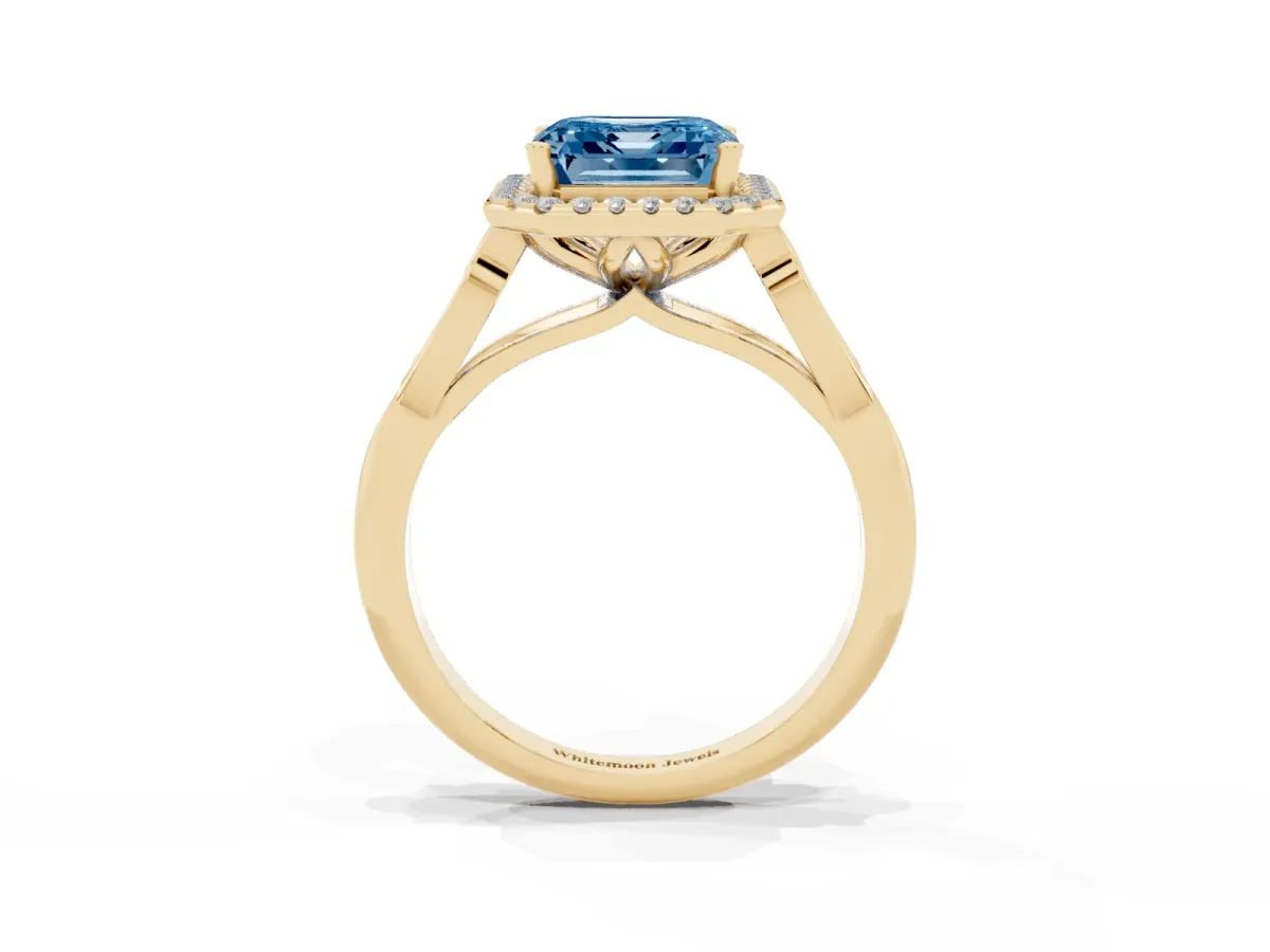 Fancy Blue Asscher Cut Halo Diamond Engagement Ring with Filigree Band and Four-Prong Setting Yellow gold