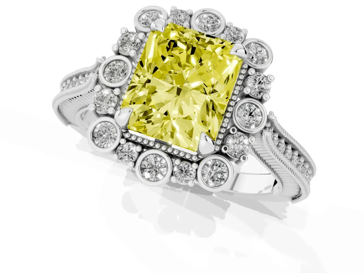 Fancy Yellow Radiant Cut Halo Milgrain Pave Diamond Ring with Four-Prong Setting White gold