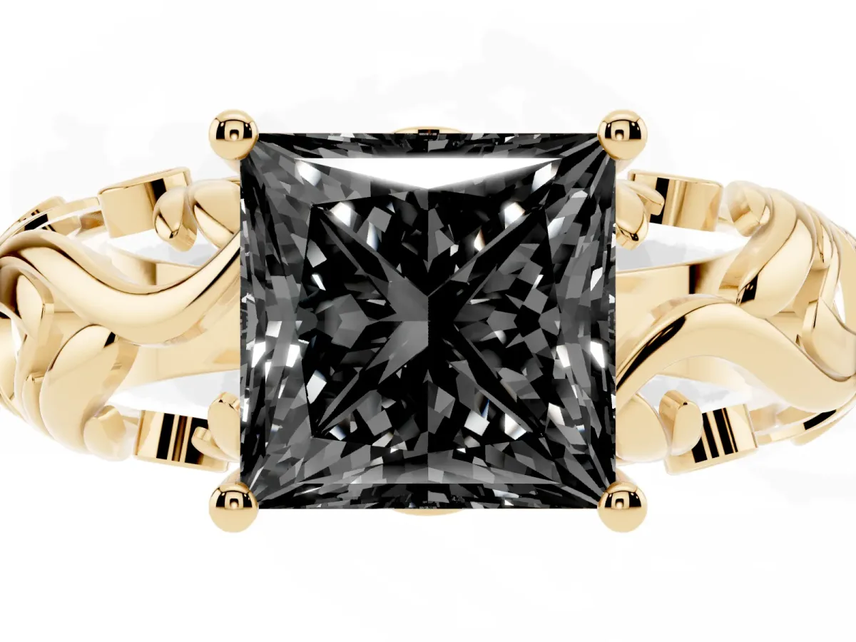 Fancy Black Princess Cut Solitaire Diamond Leaf-Inspired Vine Band Ring with Prong Setting Yellow gold