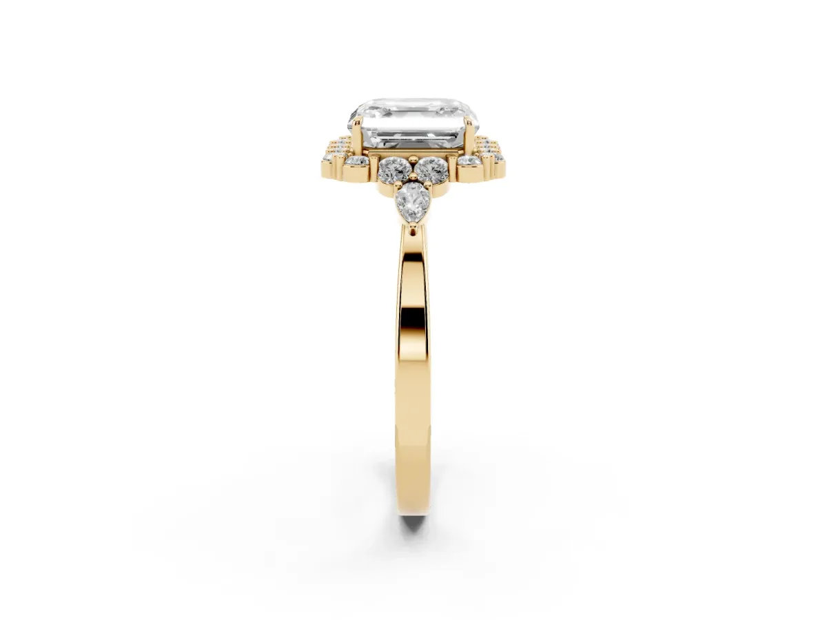 Asscher Cut Diamond Halo Ring with Pear Side Stones and Prong Setting Yellow gold