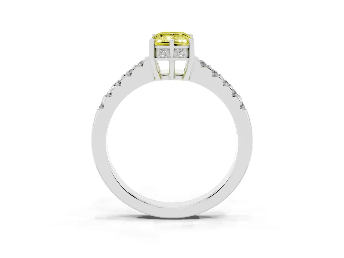 Fancy Yellow Emerald Cut Solitaire Diamond Engagement Ring with Pavé Band and Six-Prong Setting Silver