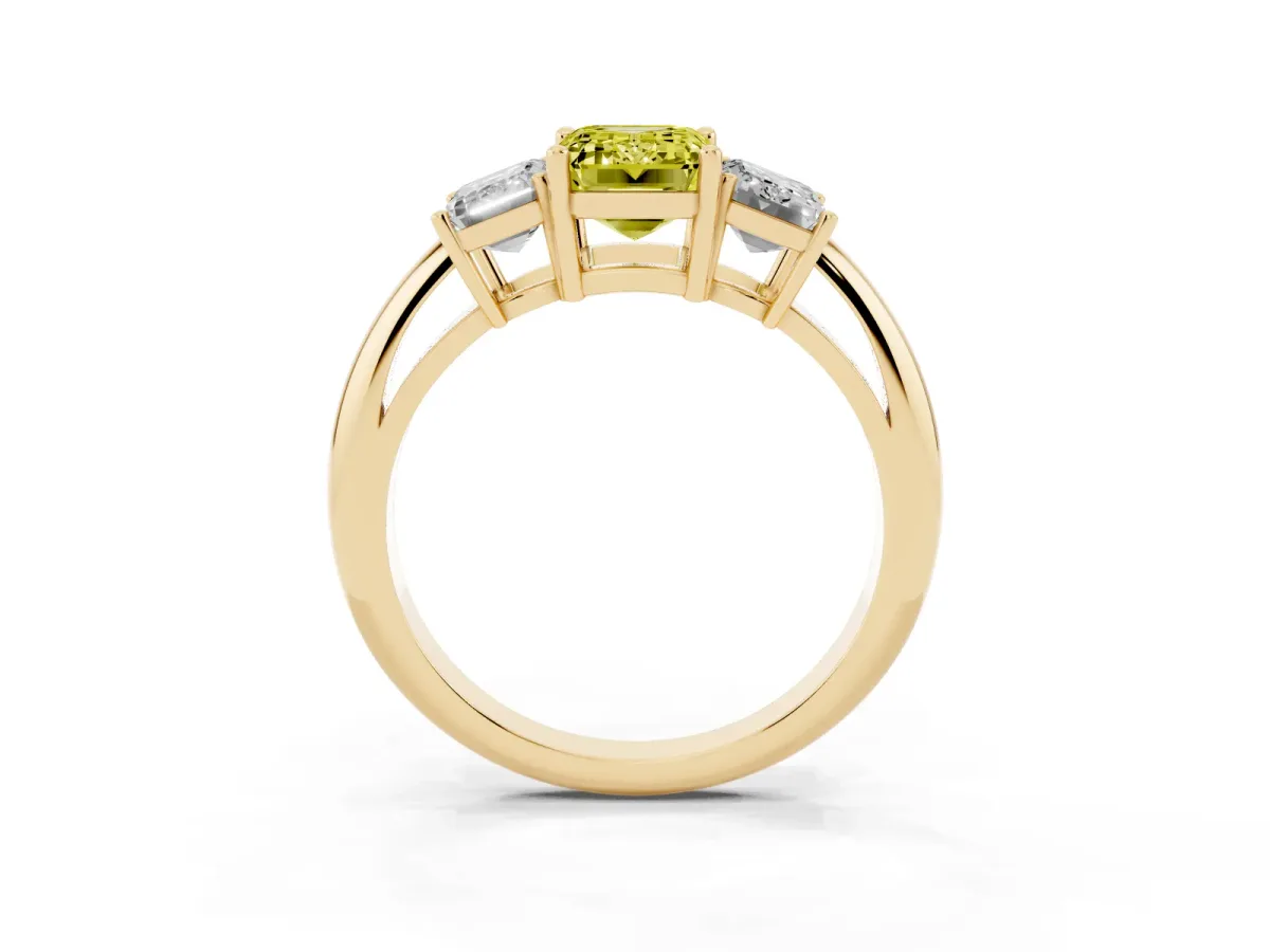 Fancy Yellow Three-Stone Emerald Cut Cut Diamond Engagement Ring with Prong Setting on a White Gold Band Yellow gold