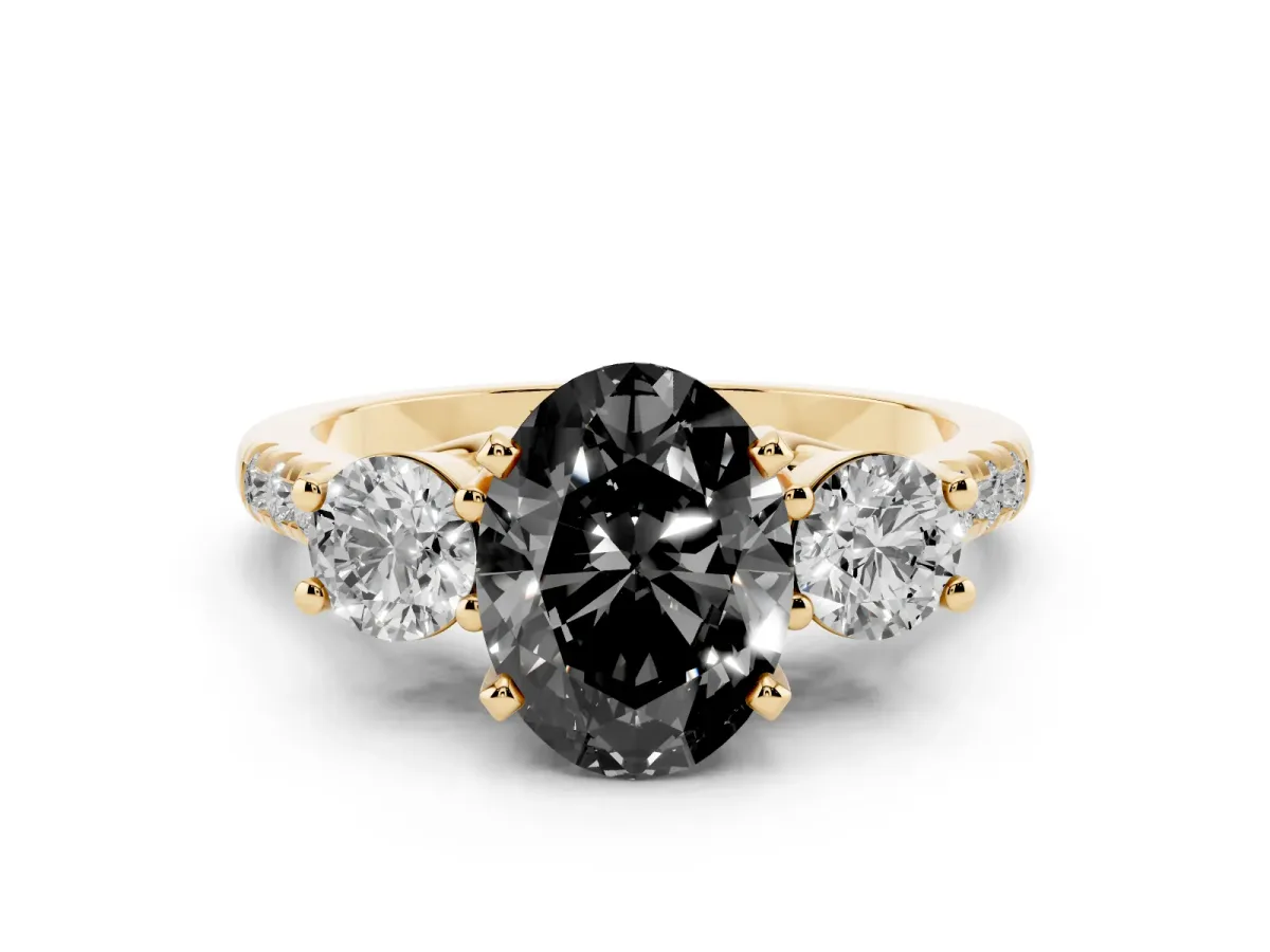 Fancy Black Three-Stone Oval Cut Diamond Pavé Band with Four-Prong Setting Yellow gold